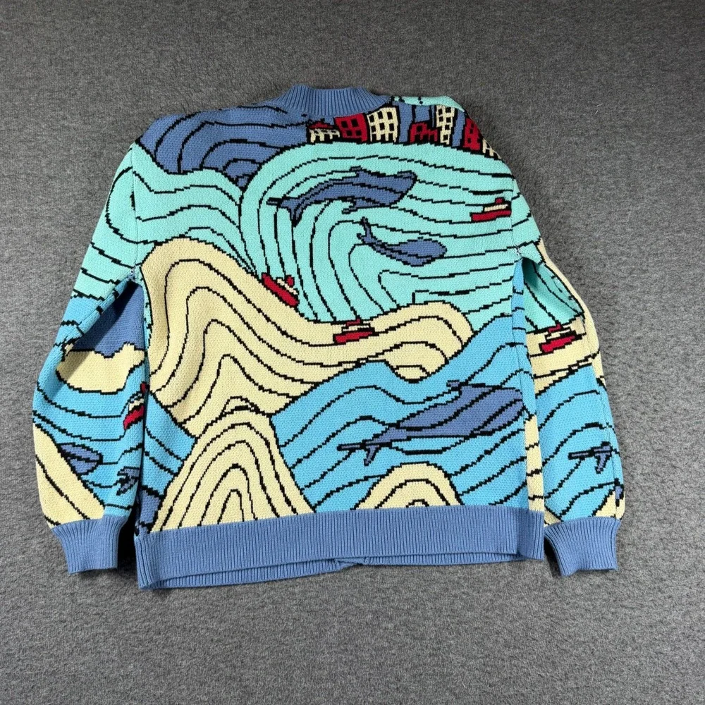 Steady Hands Fishy in the Sea Cardigan Sweater Blue Knit Womens Size M/L - Picture 8 of 10